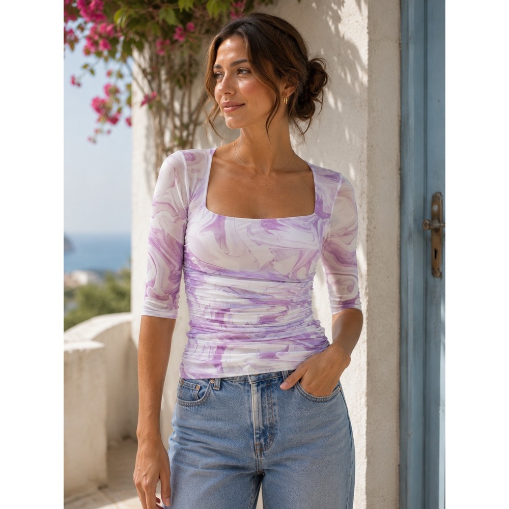 Ganni Purple Marble Print Ruched Mesh Top Square Neck 3/4 Sleeve Size 42 T3480